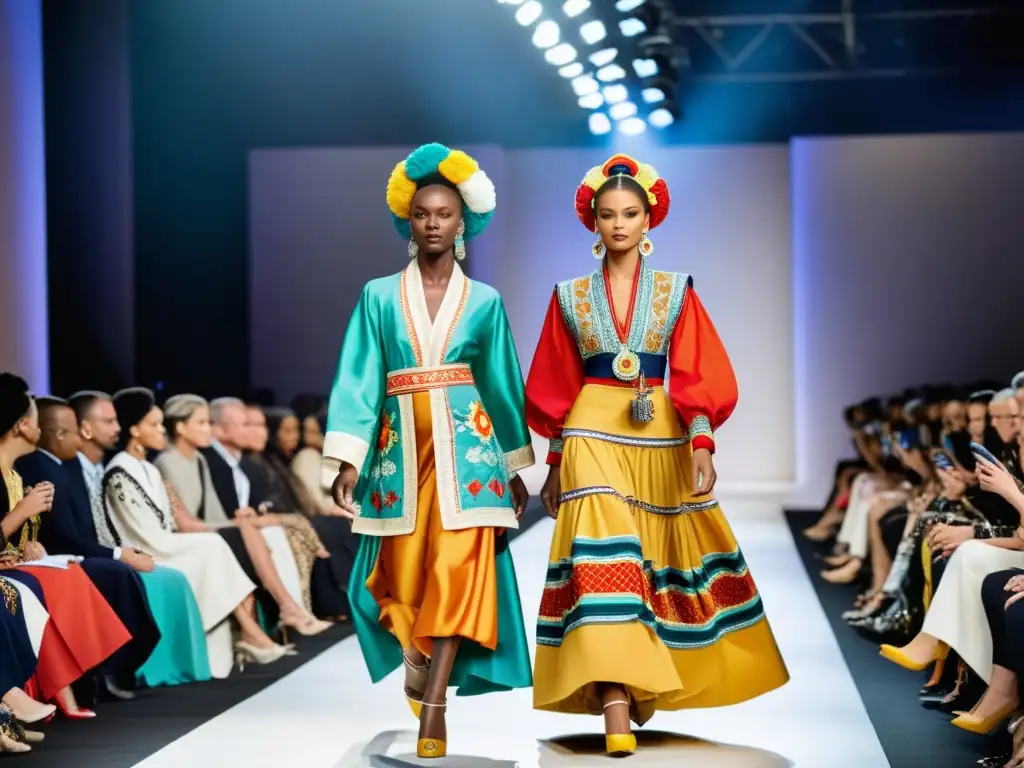 Desfile de moda con modelos luciendo trajes folklóricos en moda lujo, exhibiendo colores vibrantes y detalles intrincados