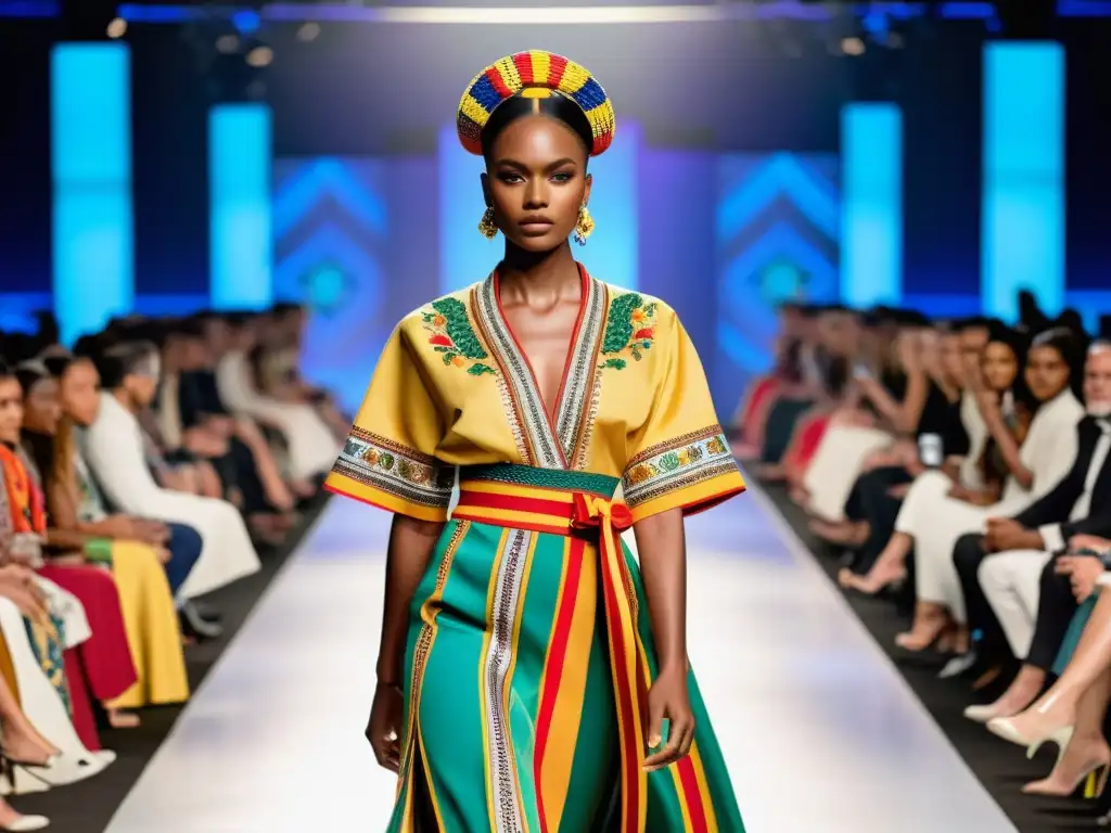 Desfile de moda con trajes típicos de todo el mundo en una fusión de culturas y colores vibrantes, mostrando la moda contemporánea