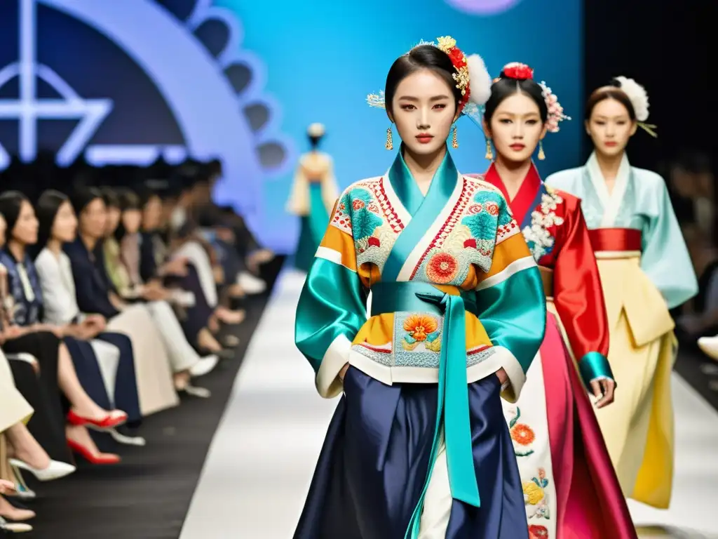 Desfile de moda con reinterpretación del Hanbok en vibrantes colores y elegante diseño