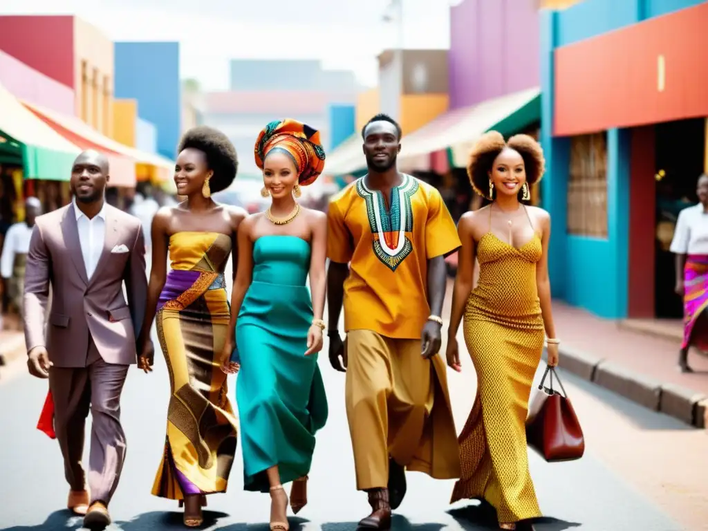 Un desfile de modelos llevando ropa tradicional africana, mostrando la influencia de la moda africana en un ambiente vibrante y colorido