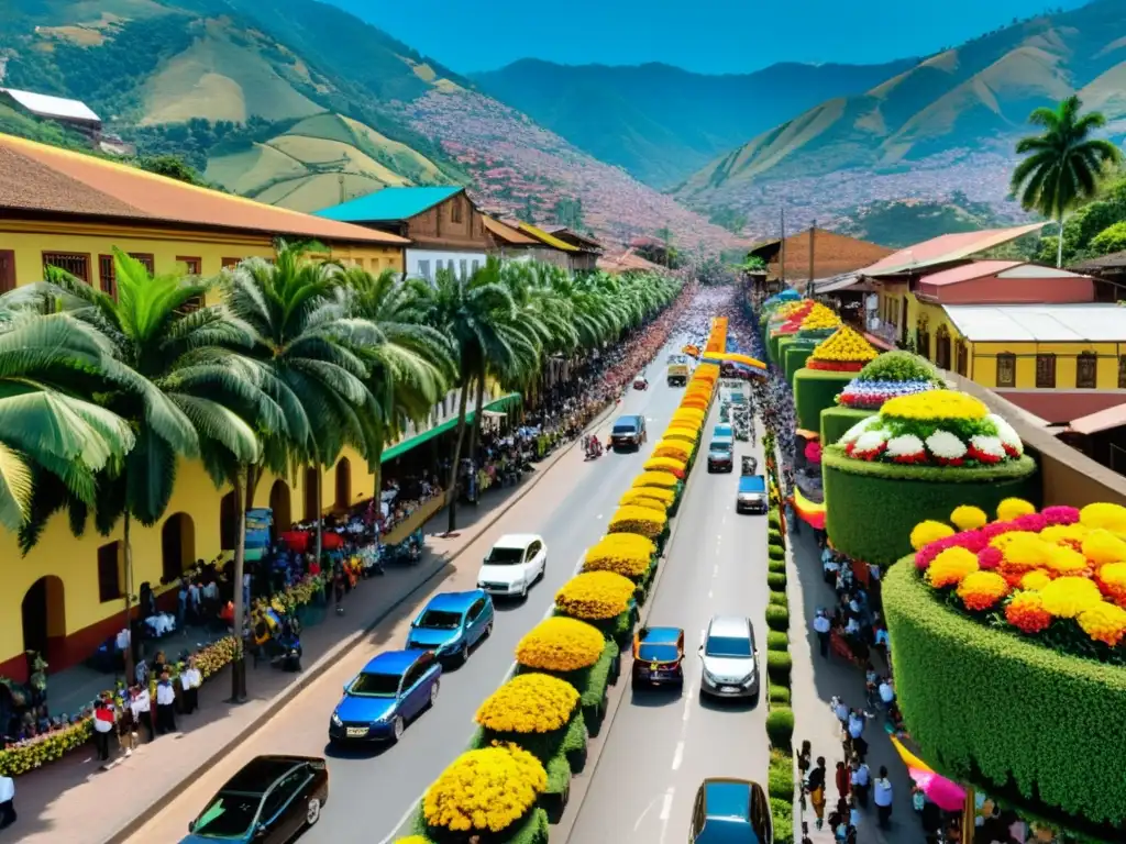 Desfile de Silleteros Medellín: Colorido desfile floral en las bulliciosas calles de Medellín, con arreglos florales y la emoción de la comunidad