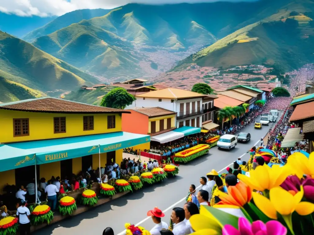 Desfile de Silleteros Medellín: Vibrante desfile de flores en las bulliciosas calles de Medellín, con el icónico valle de Aburrá de fondo