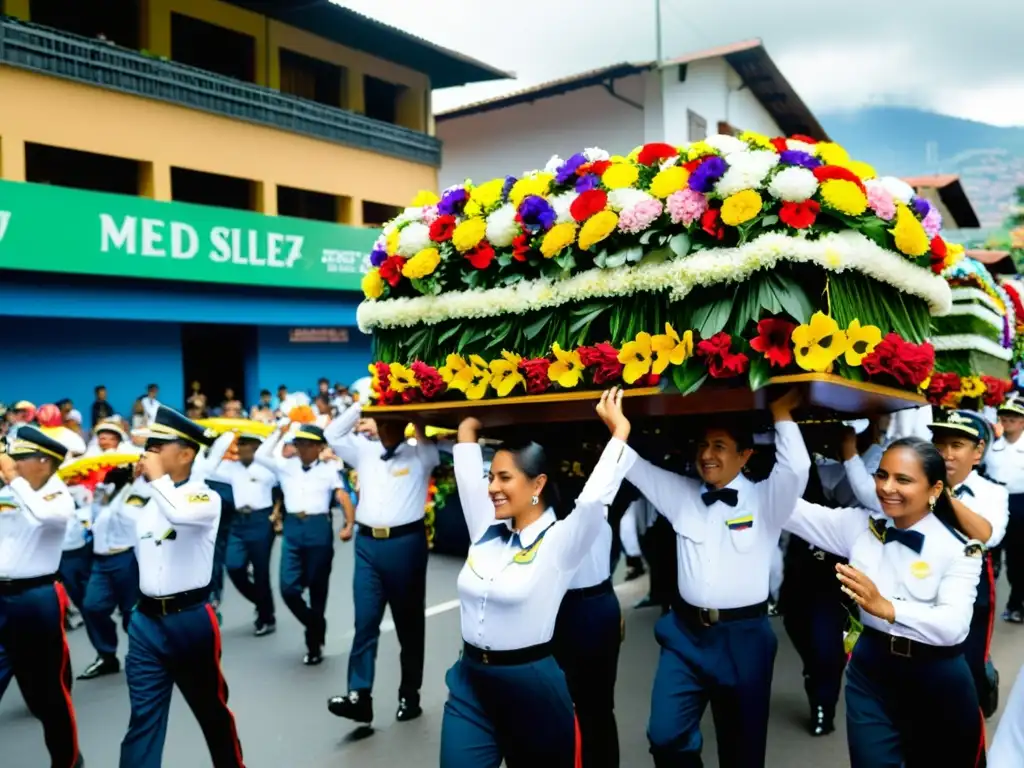 Desfile de Silleteros en Medellín: Vibrante desfile de flores, silleteros adornados y espectadores maravillados en las coloridas calles de Medellín