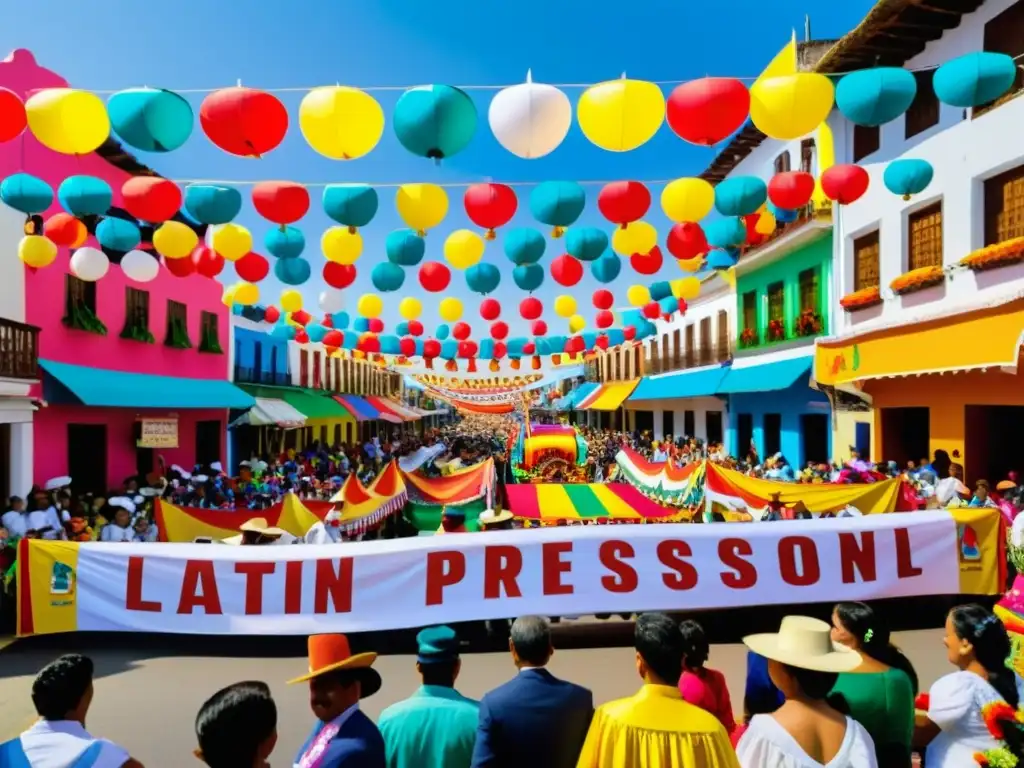 Desfile vibrante en una ciudad latinoamericana, con trajes tradicionales, música alegre y carros decorados