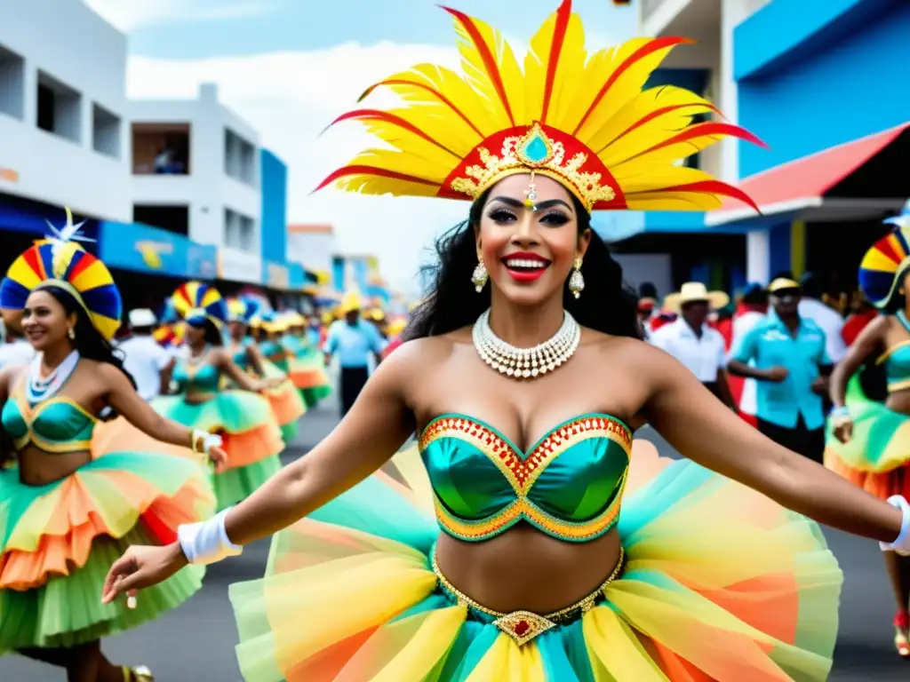 Desfile vibrante y colorido en el Carnaval de Barranquilla, con danzas colombianas y trajes tradicionales