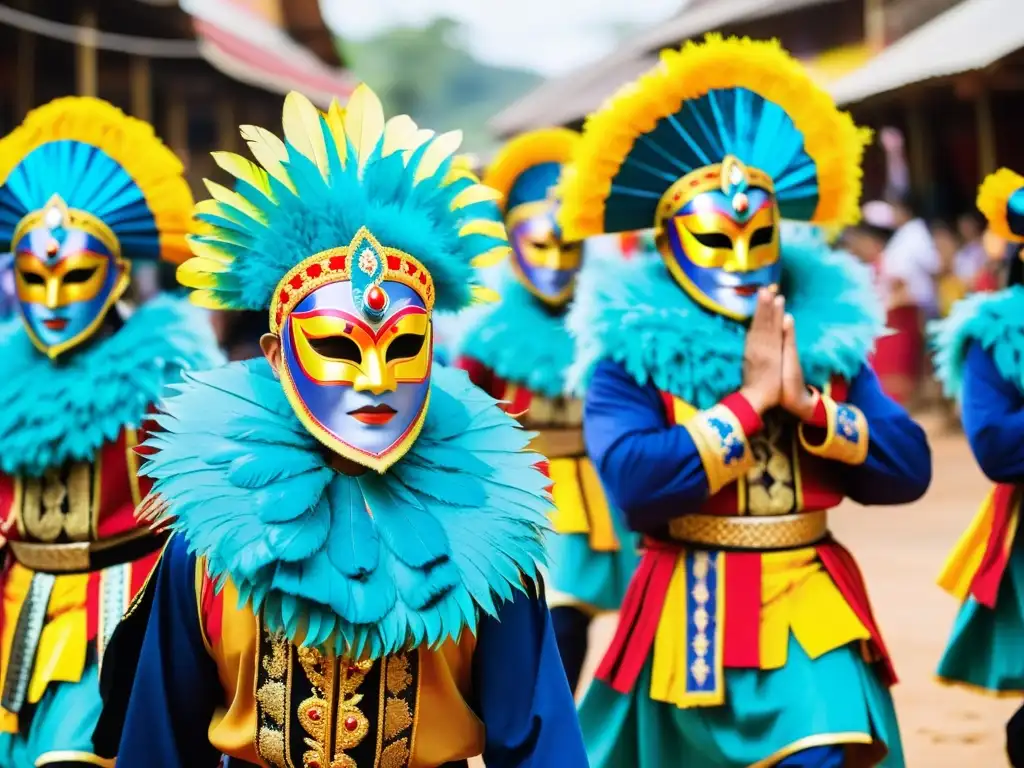 Desfile vibrante de disfraces en el Festival Phi Ta Khon Tailandia, con máscaras y trajes coloridos y danzas llenas de energía