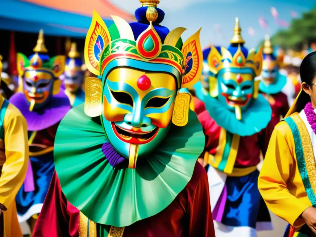 Desfile vibrante del Festival Phi Ta Khon Tailandia con máscaras y trajes coloridos, danzas energéticas y celebraciones tradicionales