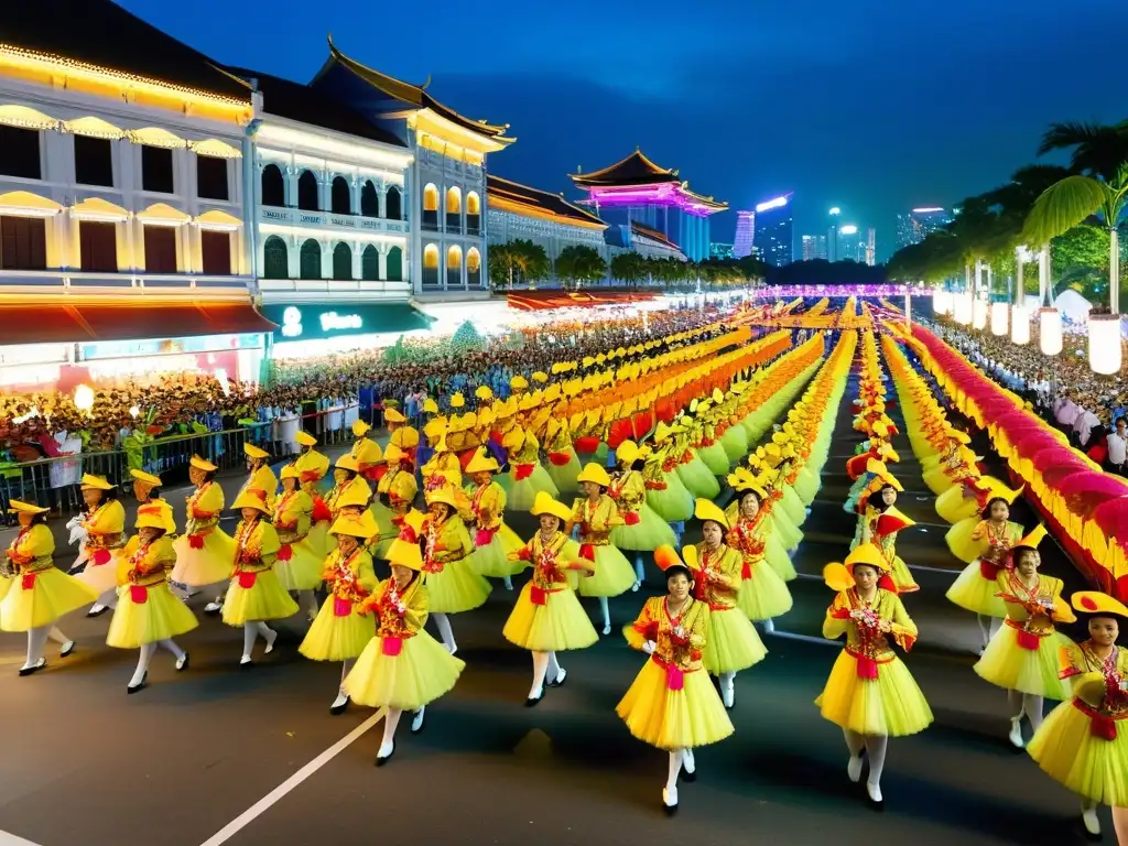 Desfile vibrante en Singapur durante la Fiesta del Fuego con coloridos carros alegóricos y danzas tradicionales