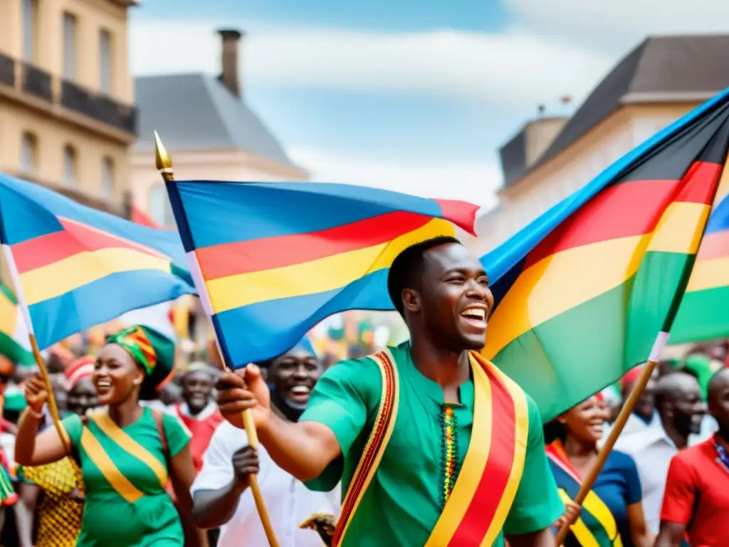 Desfile vibrante en África Francófona, celebrando la independencia con trajes tradicionales y banderas