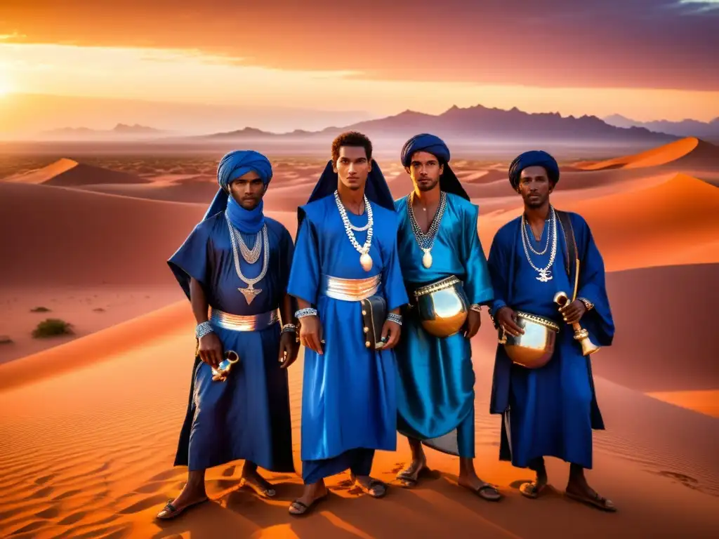 El desierto cobra vida en el Festival de Música del Sáhara, con músicos tuareg llenos de cultura y sabiduría, vistiendo ropas índigo y joyas de plata, interpretando melodías hipnóticas al atardecer