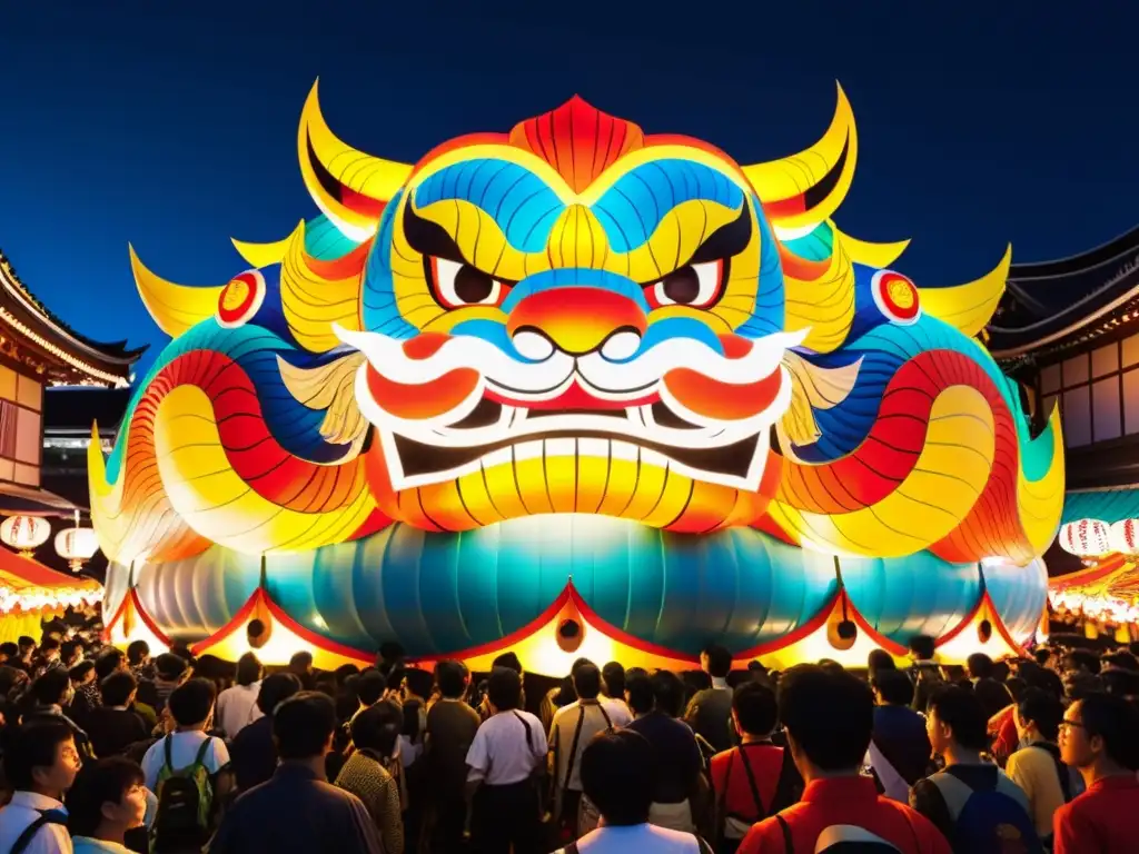 Deslumbrante carroza del Festival Aomori Nebuta Matsuri en Japón, iluminada con luces vibrantes, con guerreros y criaturas míticas