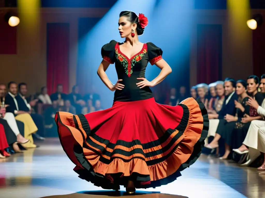 Deslumbrante desfile de moda flamenca en España, destacando la influencia internacional de la moda flamenca con colores vibrantes y diseños elegantes