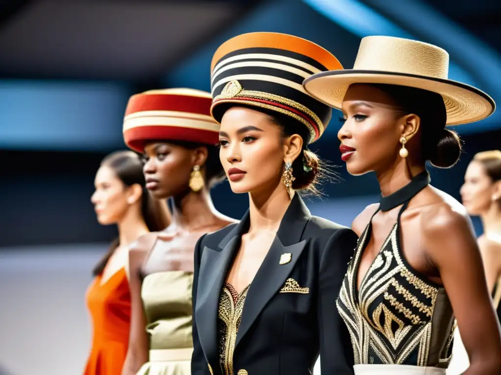 Deslumbrante desfile de moda internacional con modelos luciendo sombreros tradicionales de todo el mundo, fusionando cultura y alta costura