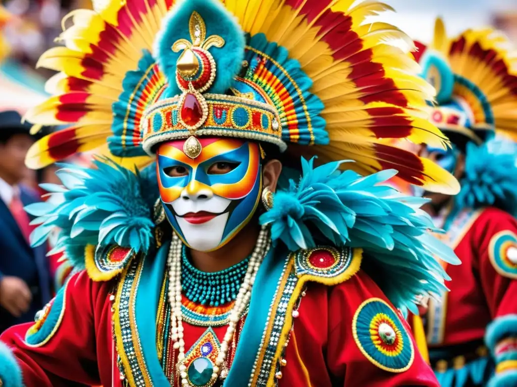 Deslumbrante diablada en el Carnaval de Oruro, con trajes vibrantes y máscaras detalladas, expresando la riqueza cultural de Bolivia