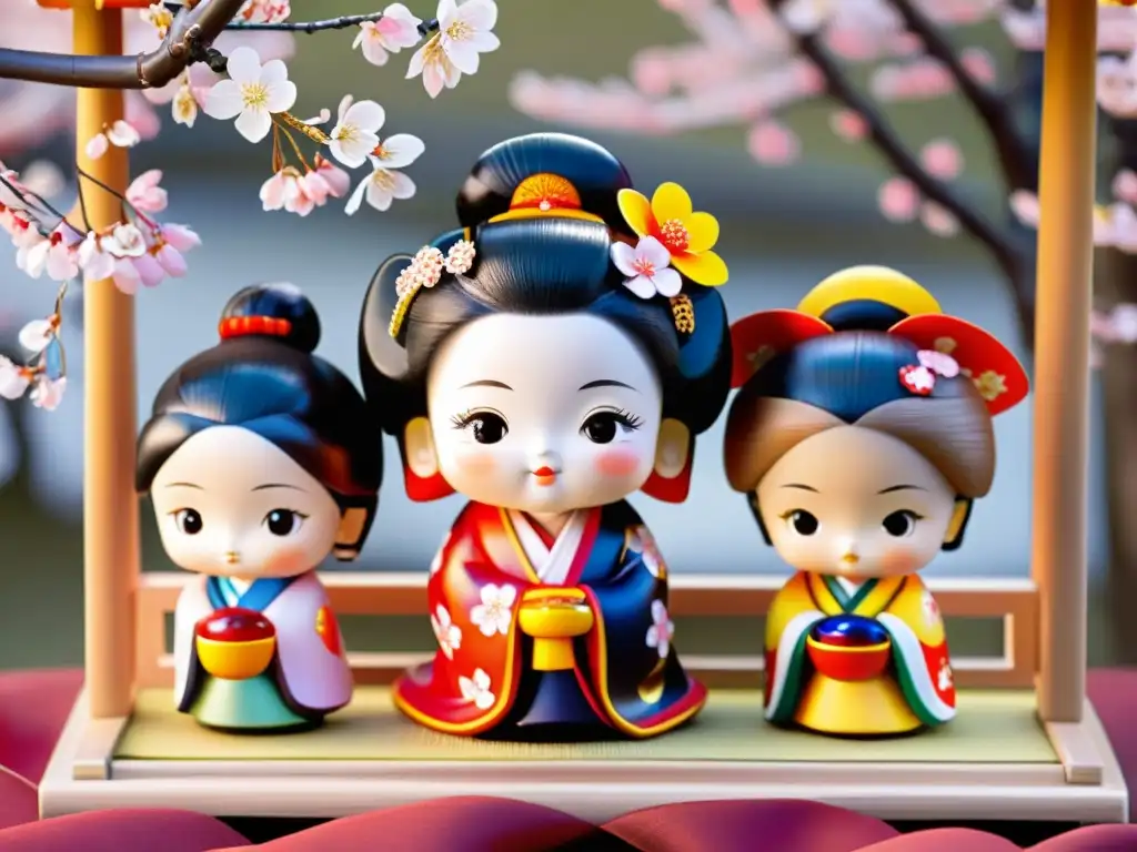 Una deslumbrante exhibición de muñecas japonesas en vibrantes kimonos bajo un cerezo en flor, capturando la esencia del Día de las Niñas Hina Matsuri