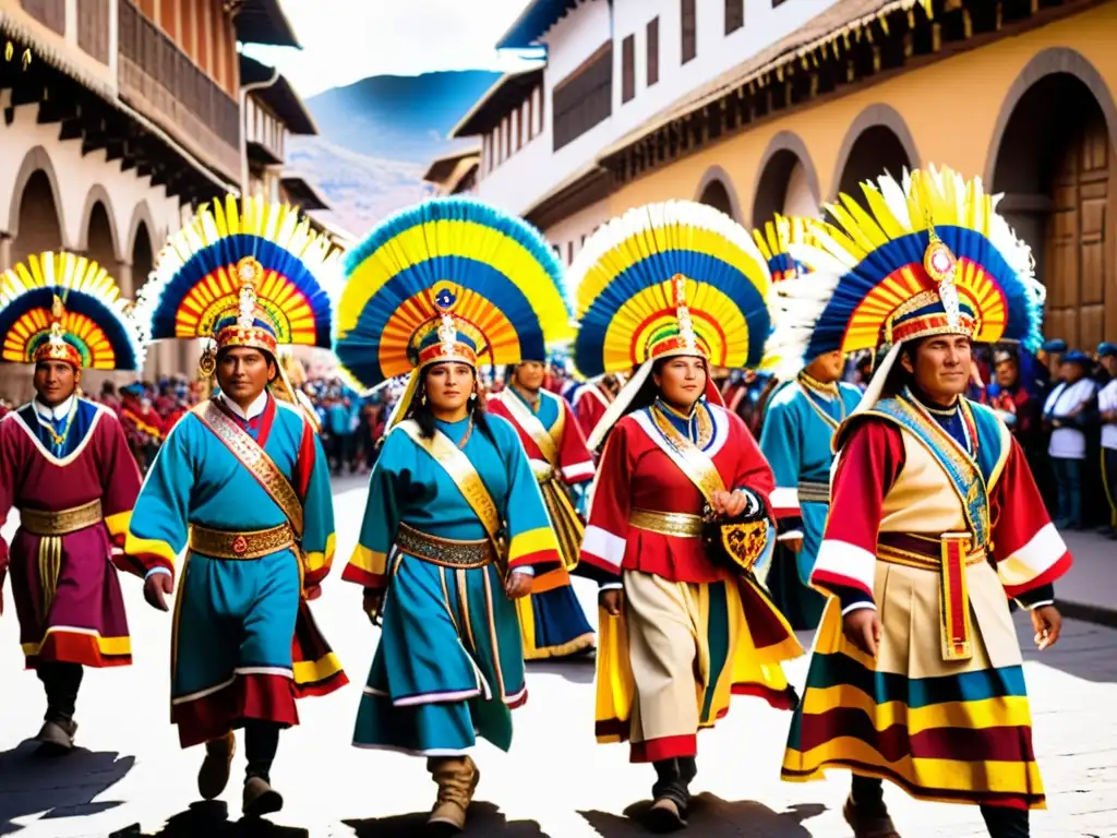 Deslumbrante Fiesta del Inti Raymi en Cusco, con coloridos trajes y ancestrales rituales bajo la cálida luz del sol