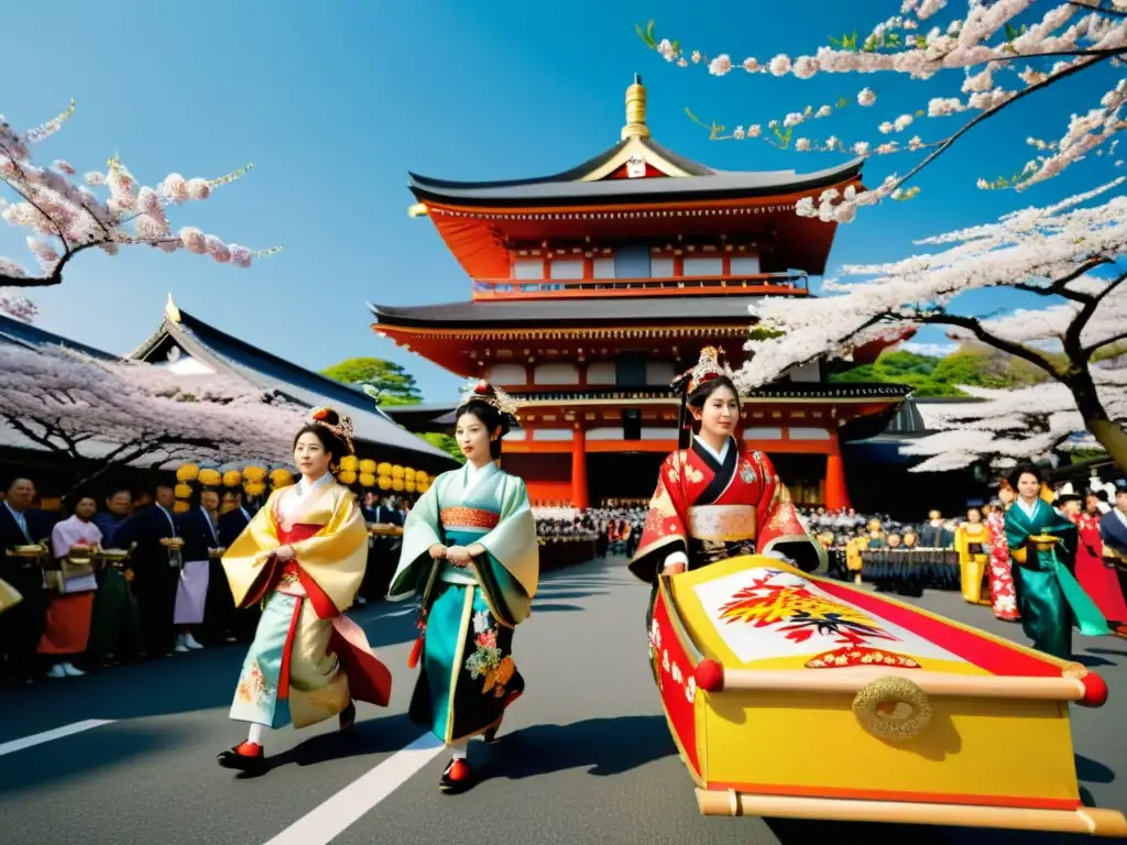 Deslumbrante procesión japonesa con floats detallados y coloridos, influencia del folklore japonés en la cultura pop