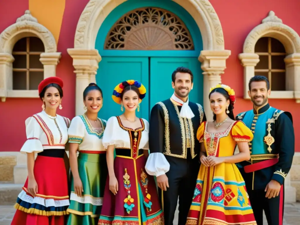 Un deslumbrante mosaico de colores y patrones en los trajes típicos de España folclórica frente a un edificio histórico