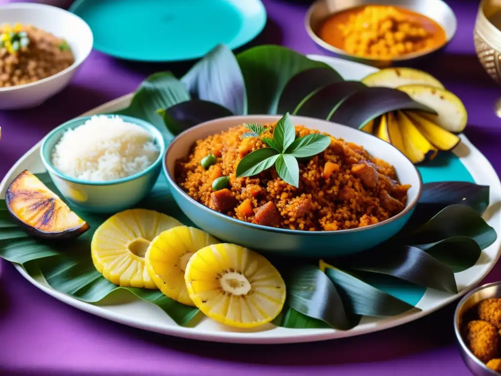 Una deslumbrante vista de platos tradicionales africanos en una celebración matrimonial, mostrando la rica tradición culinaria y festiva