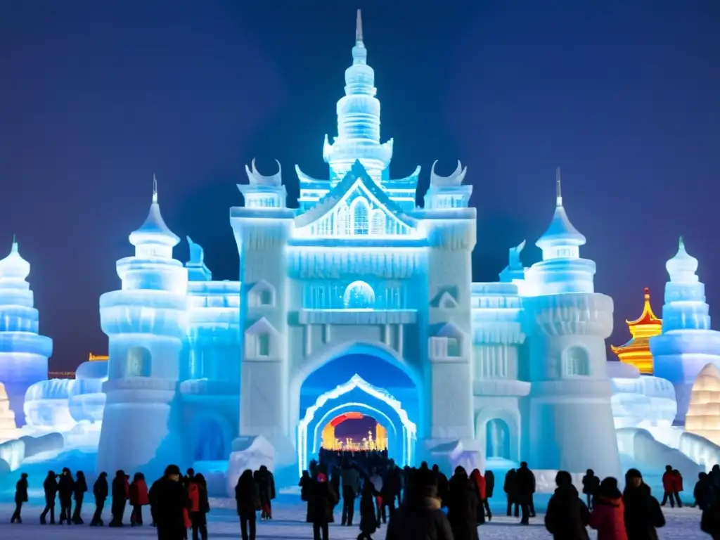 Deslumbrantes esculturas de hielo en el Festival Hielo Nieve Harbin China, con luces coloridas y visitantes maravillados