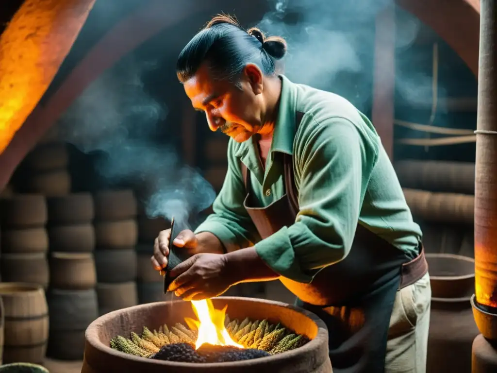 Un destilador de mezcal atiende las piñas de agave en un ambiente ahumado y misterioso, revelando la ancestral conexión con el arte del mezcal