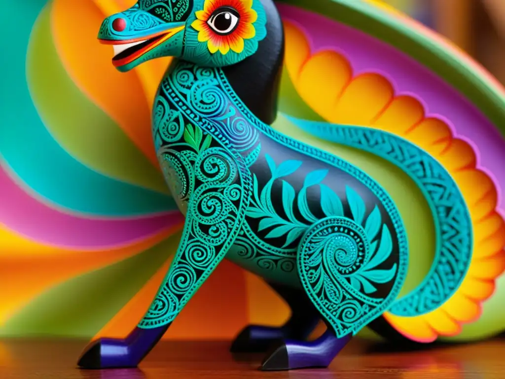 Detallada artesanía: alebrije oaxaqueño con patrones vibrantes y finos detalles