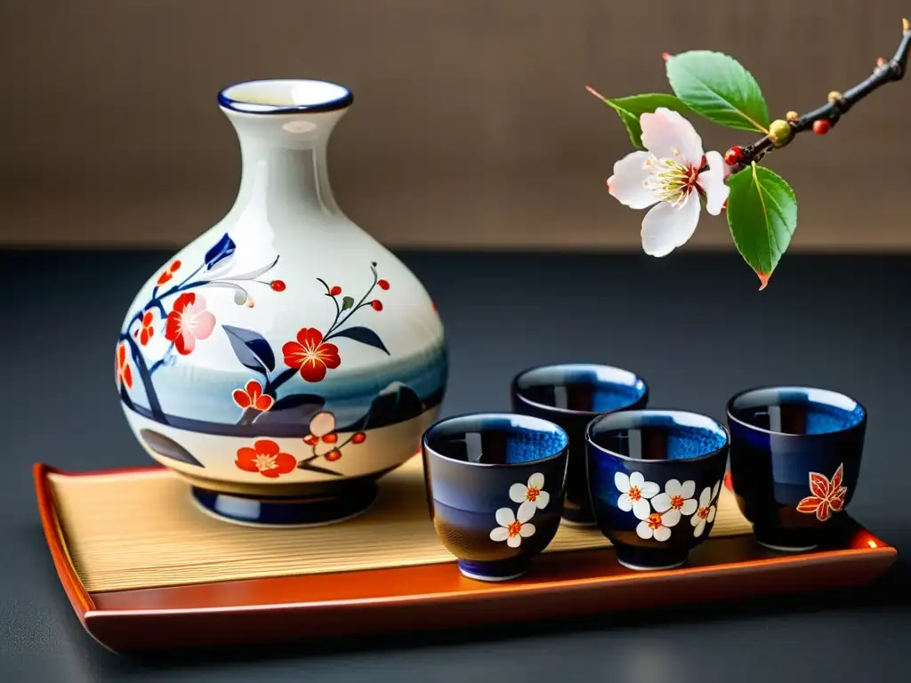 Detallada cerámica para la Ceremonia del Sake en bodas japonesas, con intrincados diseños pintados a mano y motivos tradicionales en tokkuri y ochoko