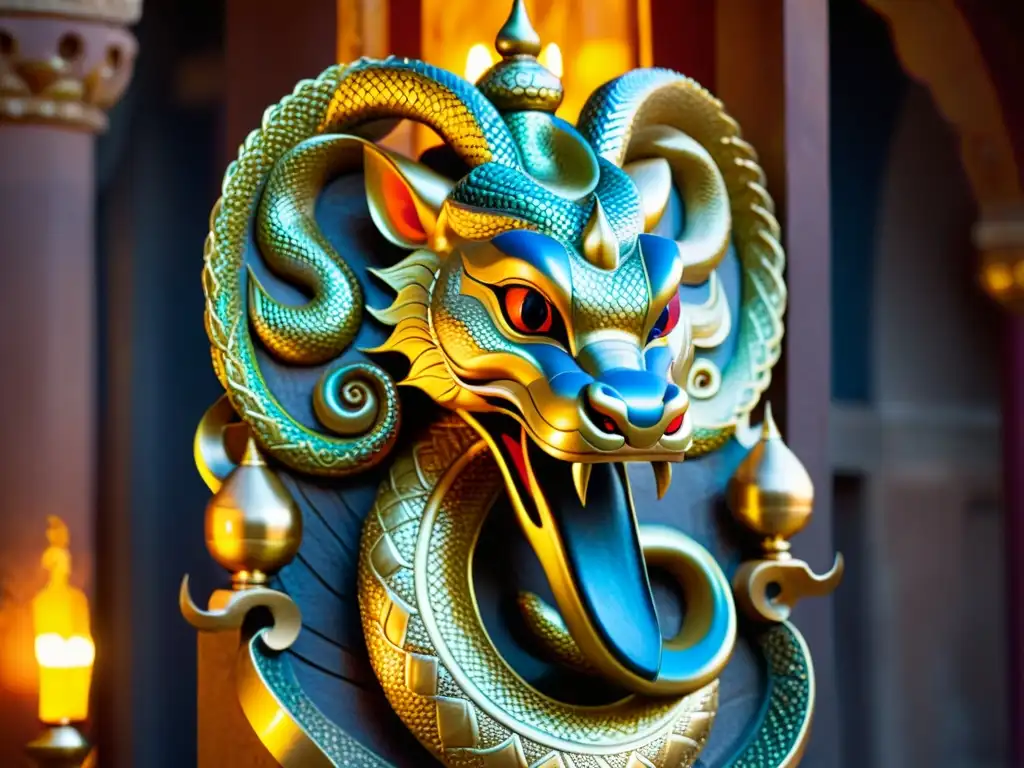 Una detallada escultura de Nagas en la mitología hindú, con cuerpos serpentinos, capuchas y adornos joya, en un templo iluminado por lámparas de aceite