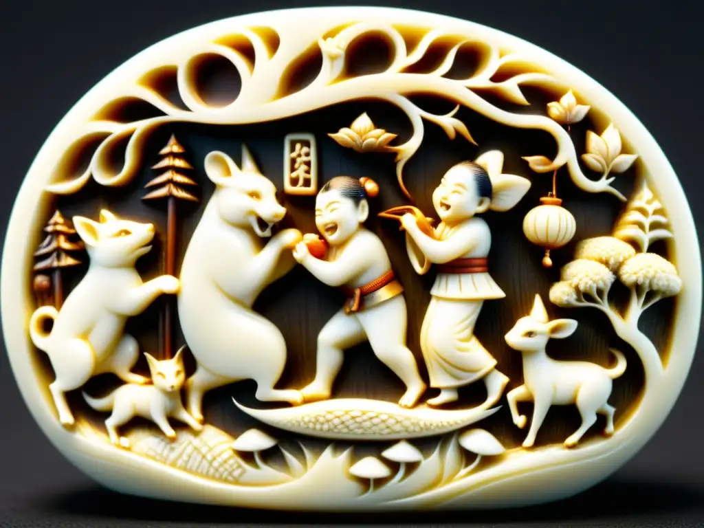 Detallada escultura de netsuke japonés, con grabados en marfil y escena de folklore