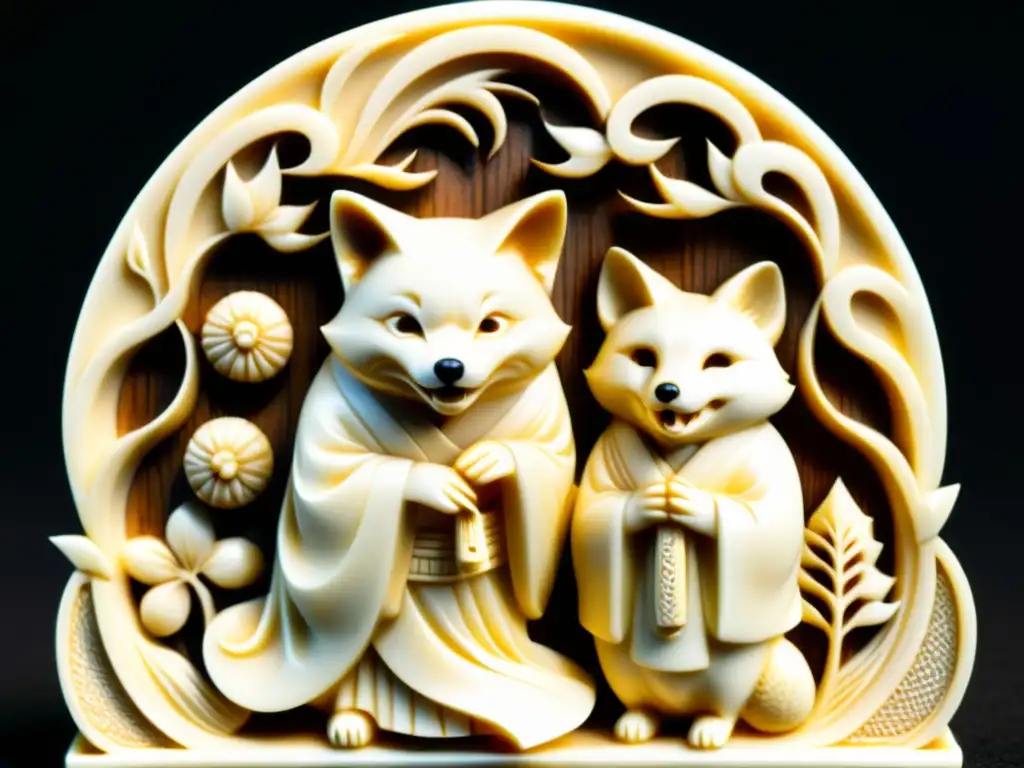 Detallada escultura de netsuke japonés en marfil, representa un zorro transformándose en humano