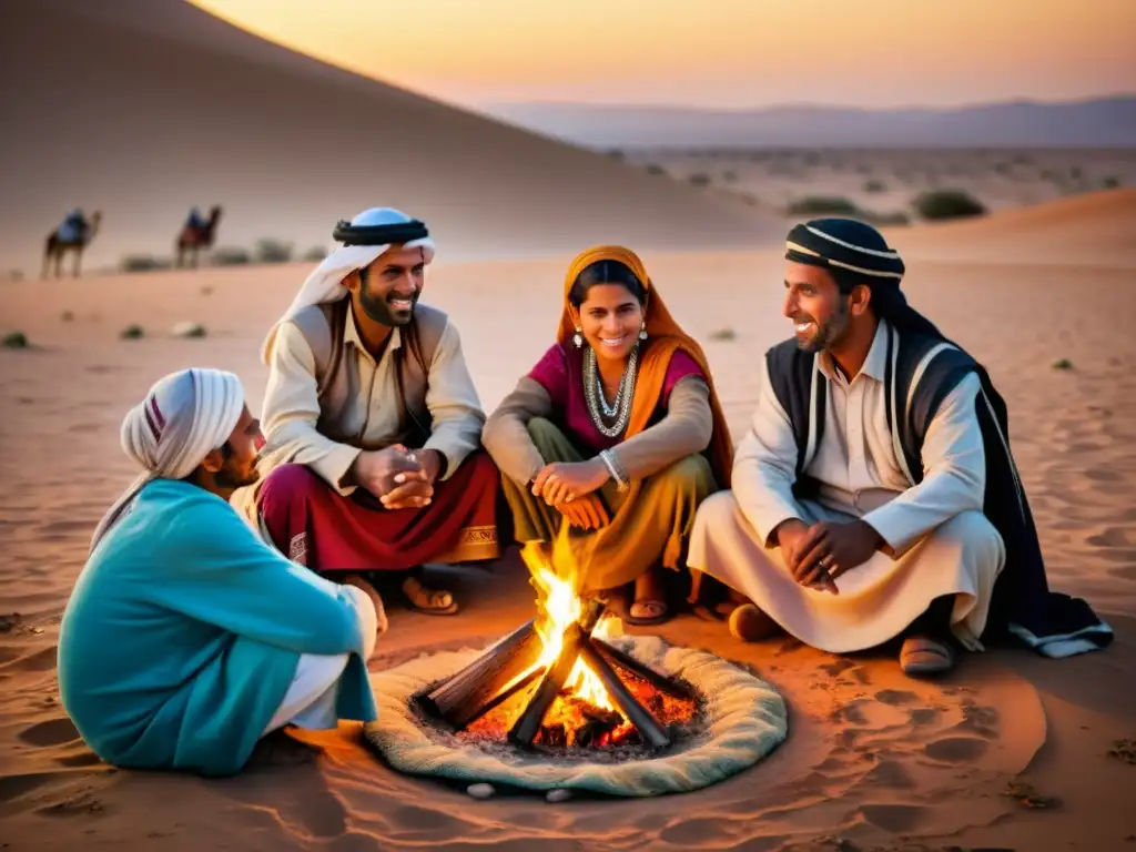 Una detallada imagen de una familia beduina alrededor de una fogata en el desierto árabe, resaltando su rica cultura y tradiciones