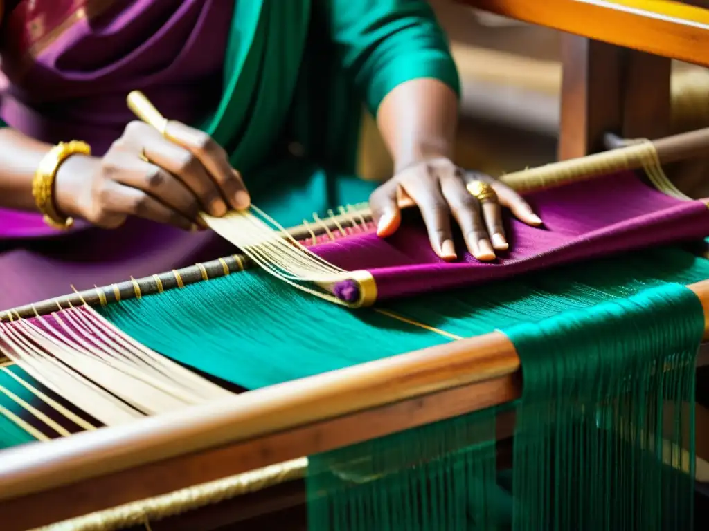 Detallada imagen de tejedores de seda indios trabajando en telares tradicionales, rodeados de artefactos históricos y patrones ornamentales, que ofrecen una cautivadora visión de la historia de la industria textil en India