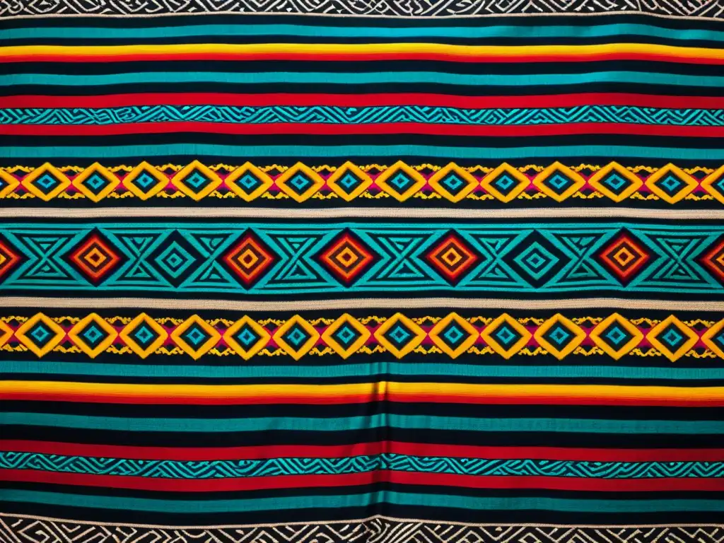 Detallada imagen de un vibrante textil maya, tejido con patrones geométricos y colores contrastantes