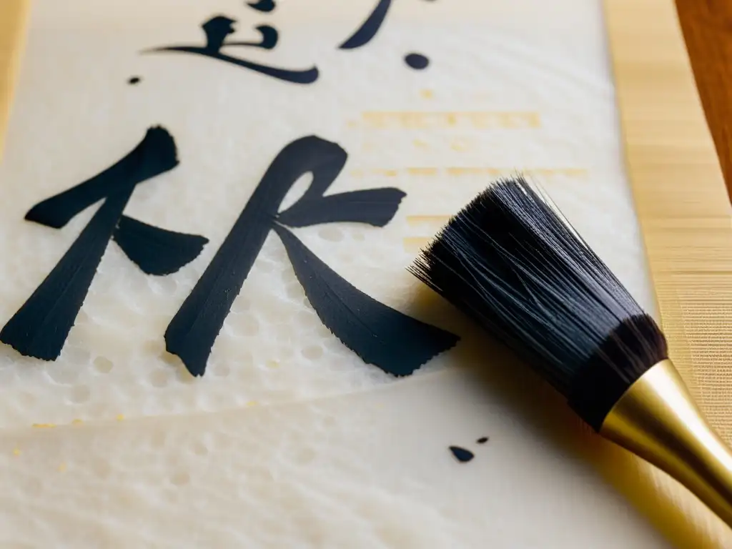 Una fotografía detallada de un pincel de caligrafía japonés sobre papel de arroz, con tinta negra formando caracteres kanji