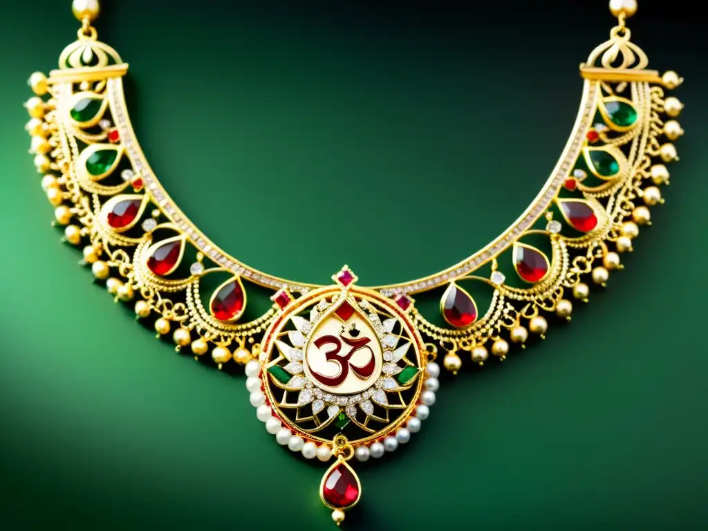 Detallada joyería tradicional India: mangalsutra de oro 22 quilates con gemas rojas, verdes y blancas, filigrana sagrada