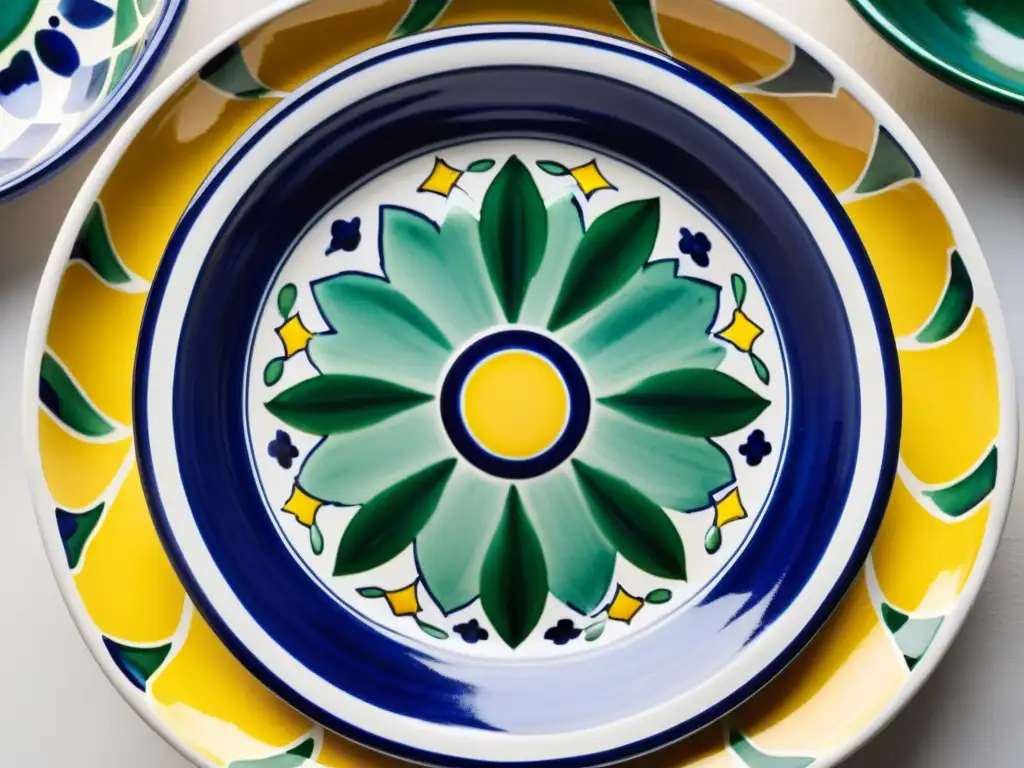Detallada vajilla mexicana de Talavera contemporánea, con diseños florales y geométricos en azul cobalto, verde esmeralda y amarillo soleado sobre fondo blanco