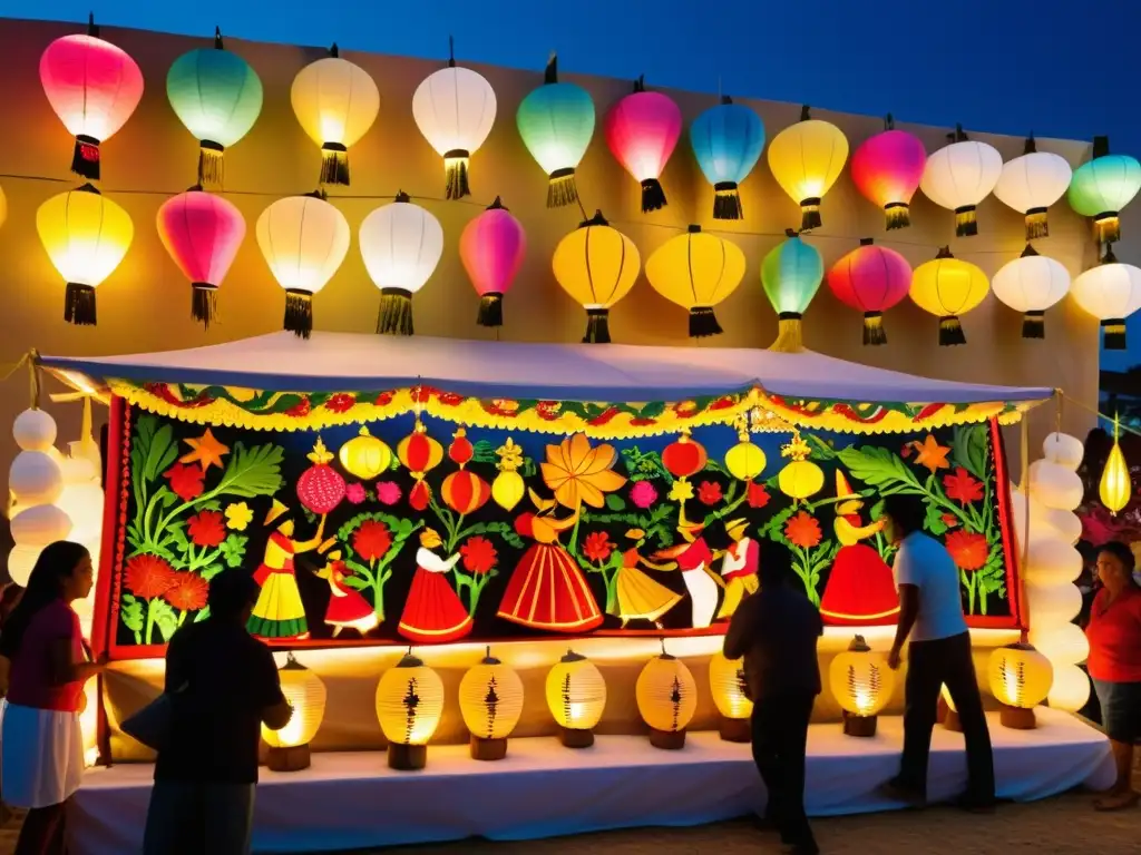 Detalladas esculturas de rábanos en La Noche de los Rábanos Oaxaca, iluminadas por linternas, reflejando la vibrante tradición oaxaqueña