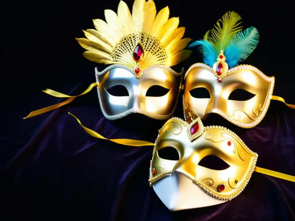 Detalladas máscaras venecianas para Carnaval exhiben su exquisita artesanía en un fondo de terciopelo oscuro, evocando misterio y tradición