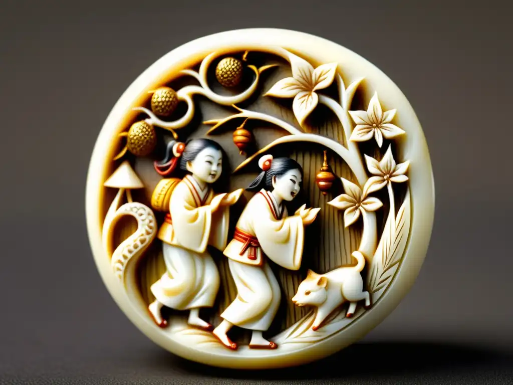 Detallado netsuke de marfil japonés con escena folclórica, destacando la artesanía y la rica textura