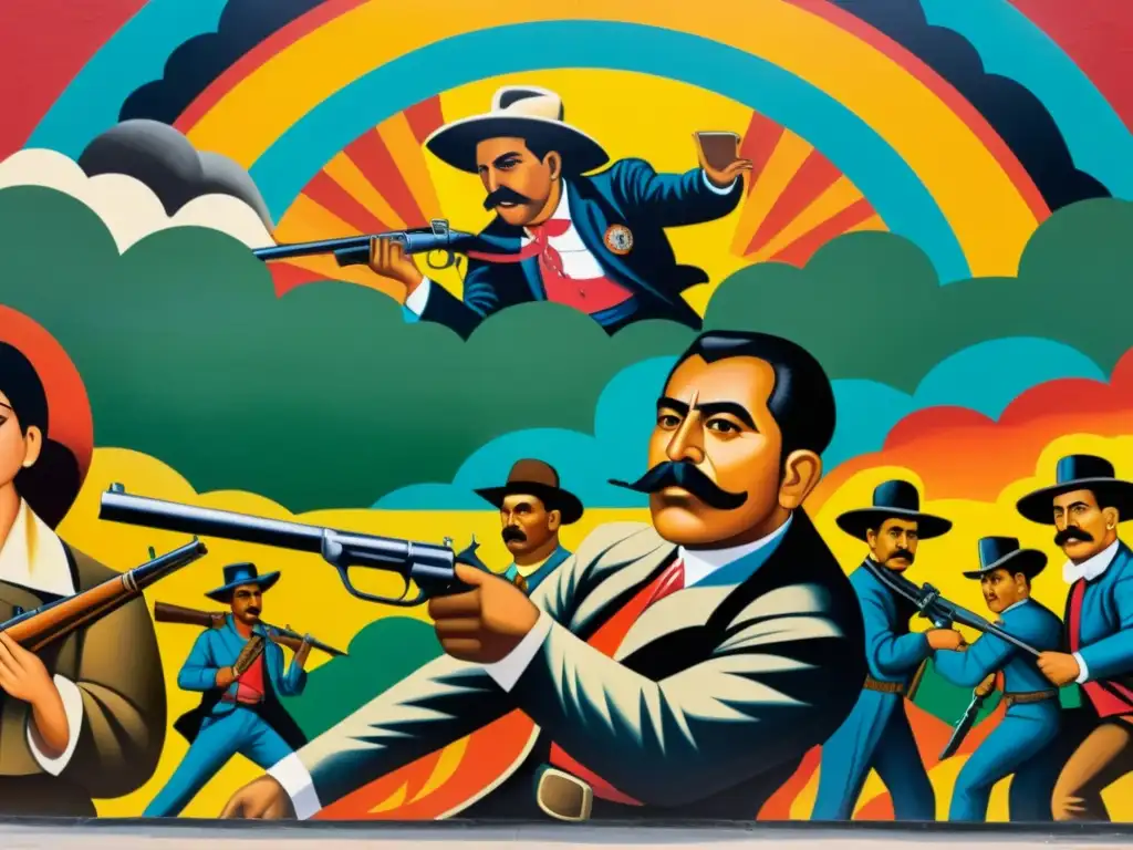 Detallado mural de la Revolución Mexicana con colores vibrantes y emociones intensas de figuras históricas como Zapata y Villa