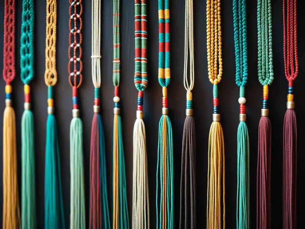 Detalle de un antiguo quipu inca, descifrando el antiguo sistema de nudos inca con intrincados colores y texturas en un fondo oscuro