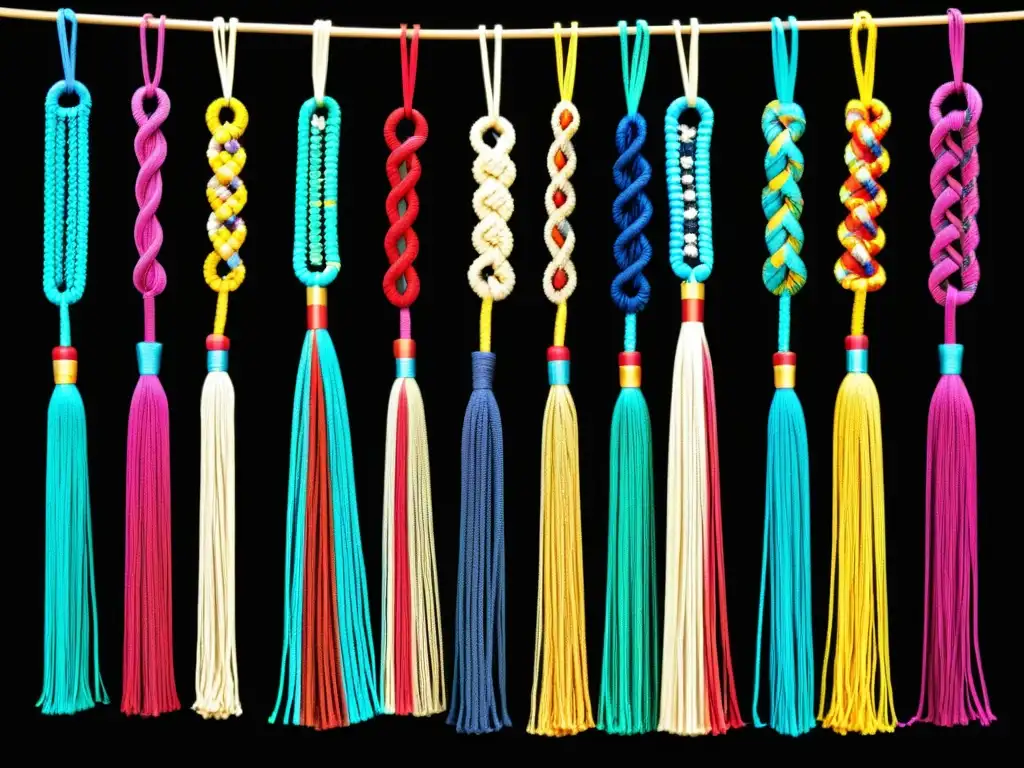 Detalle de un antiguo quipu inca, descifrando el antiguo sistema de nudos inca con intrincados patrones y colores vibrantes