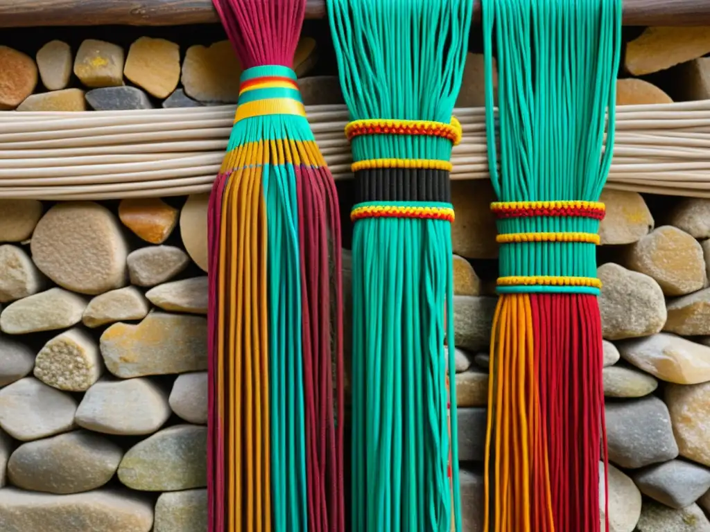 Detalle de un antiguo quipu inca, nudos intrincados, colores vibrantes y muros de piedra desgastados