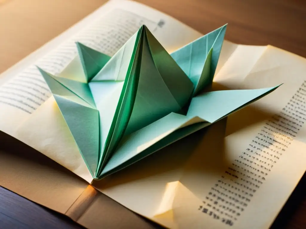 Detalle de antiguo manuscrito japonés mostrando técnicas de origami, iluminado por suave luz natural