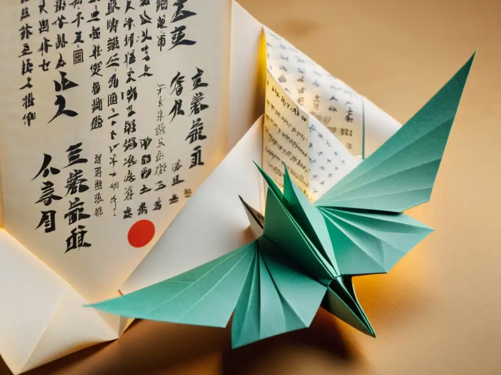 Detalle de antiguo manuscrito japonés con origami y caligrafía, evocando los orígenes y evolución del origami japonés