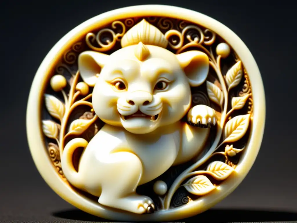 Detalle de un antiguo netsuke de marfil tallado con una criatura mítica, destacando su artesanía y significado cultural