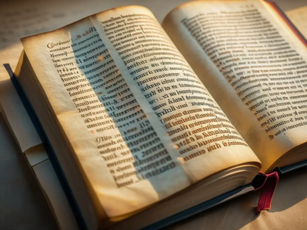 Detalle de antiguos textos en sánscrito y griego, iluminados por cálida luz natural