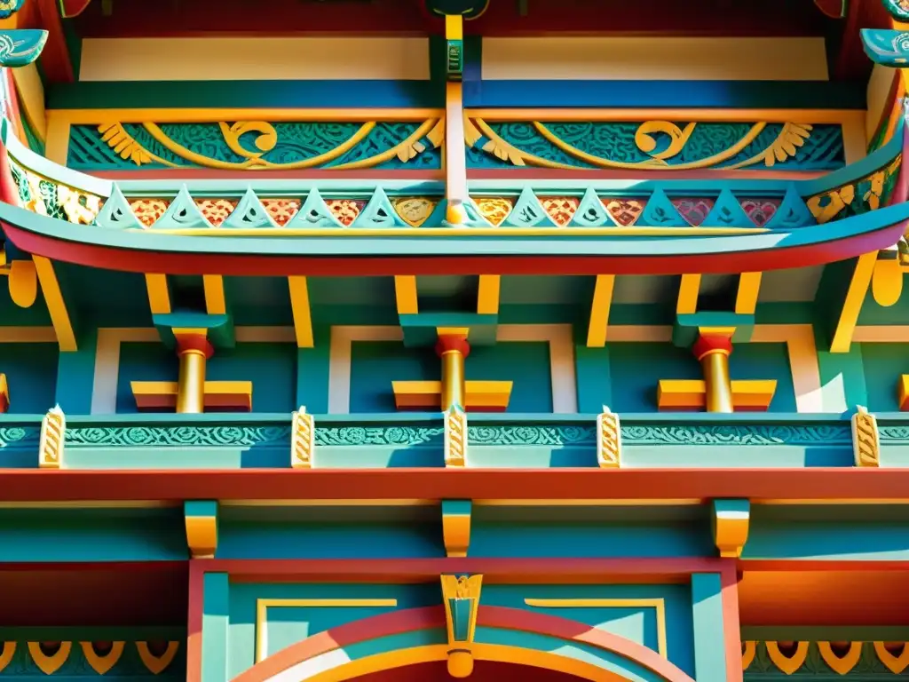 Detalle de la arquitectura de un templo ceremonial en el Pacífico, con sombras dramáticas y símbolos culturales