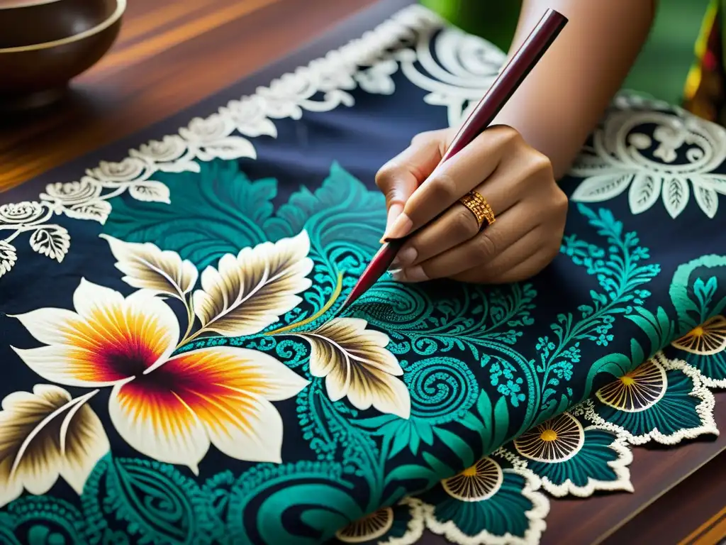 Detalle de artista pintando a mano vestimenta tradicional indonesia Batik con patrones florales intrincados