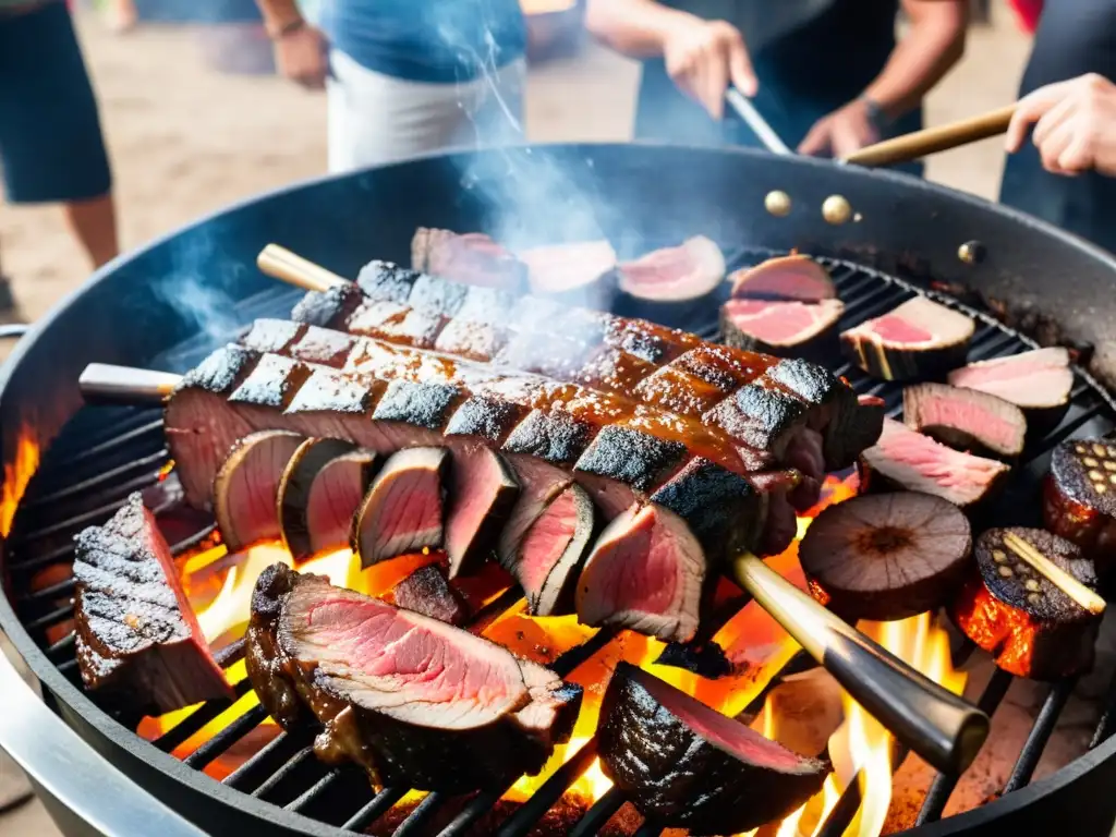 Detalle de un asado argentino tradicional con cortes de carne sizzling sobre la parrilla, capturando la celebratoria tradición de asado alrededor mundo